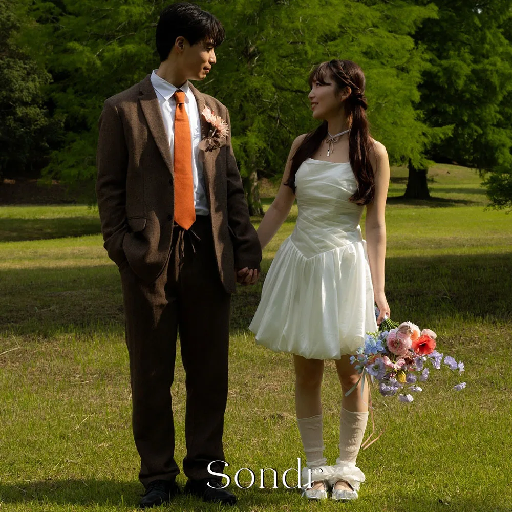 Sondr Japanese Outdoor Photography Mini Wedding Dresses Women Taffeta Spaghetti Straps Korean Short Bridal Gown Customized
