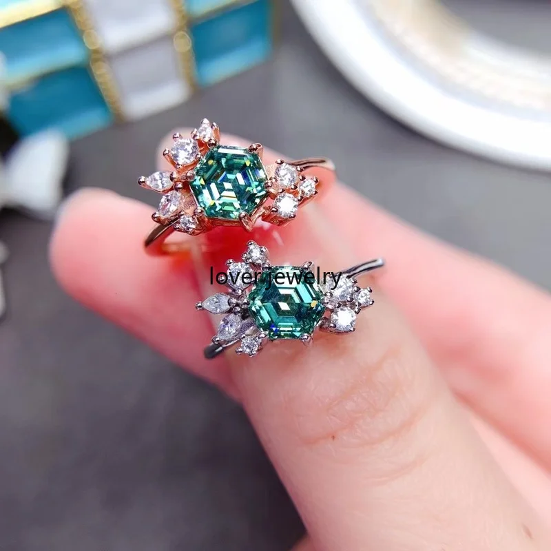 Hexagonal Green Moissanite Ring 925 Silver D Color  Rings for Women Fine Jewelry 1ct with Beautiful Color