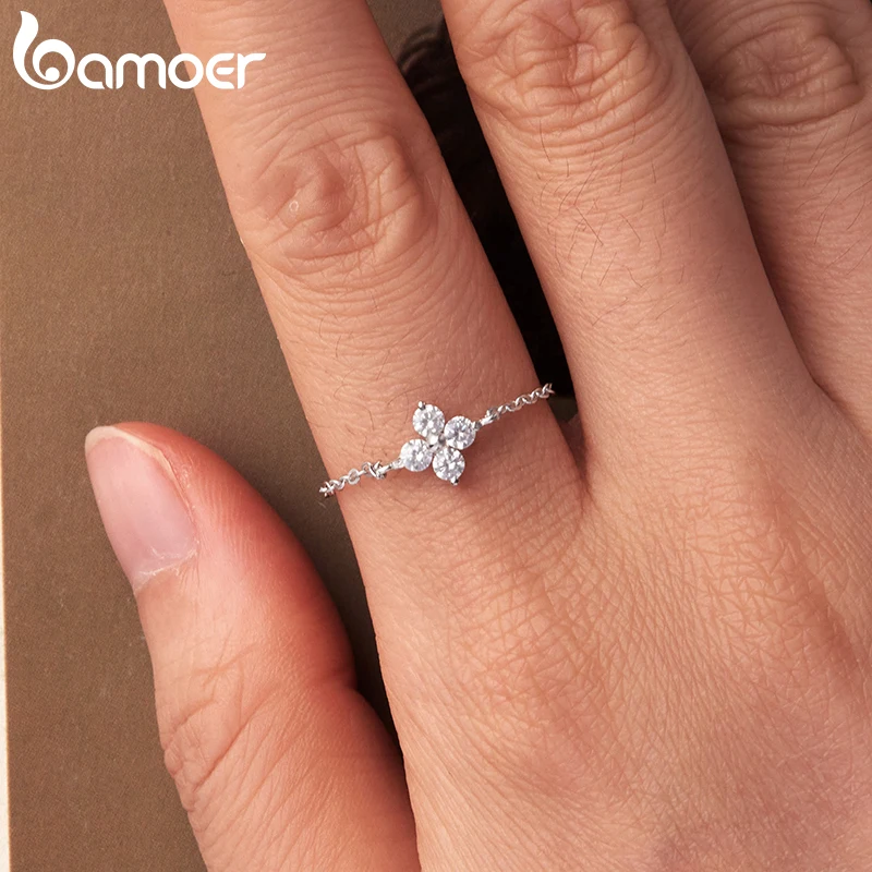 BAMOER 925 Sterling Silver Four Leaf Clover Lucky Chain Ring Adjustable Link Ring with Beads for Women Teen Special Party Gift