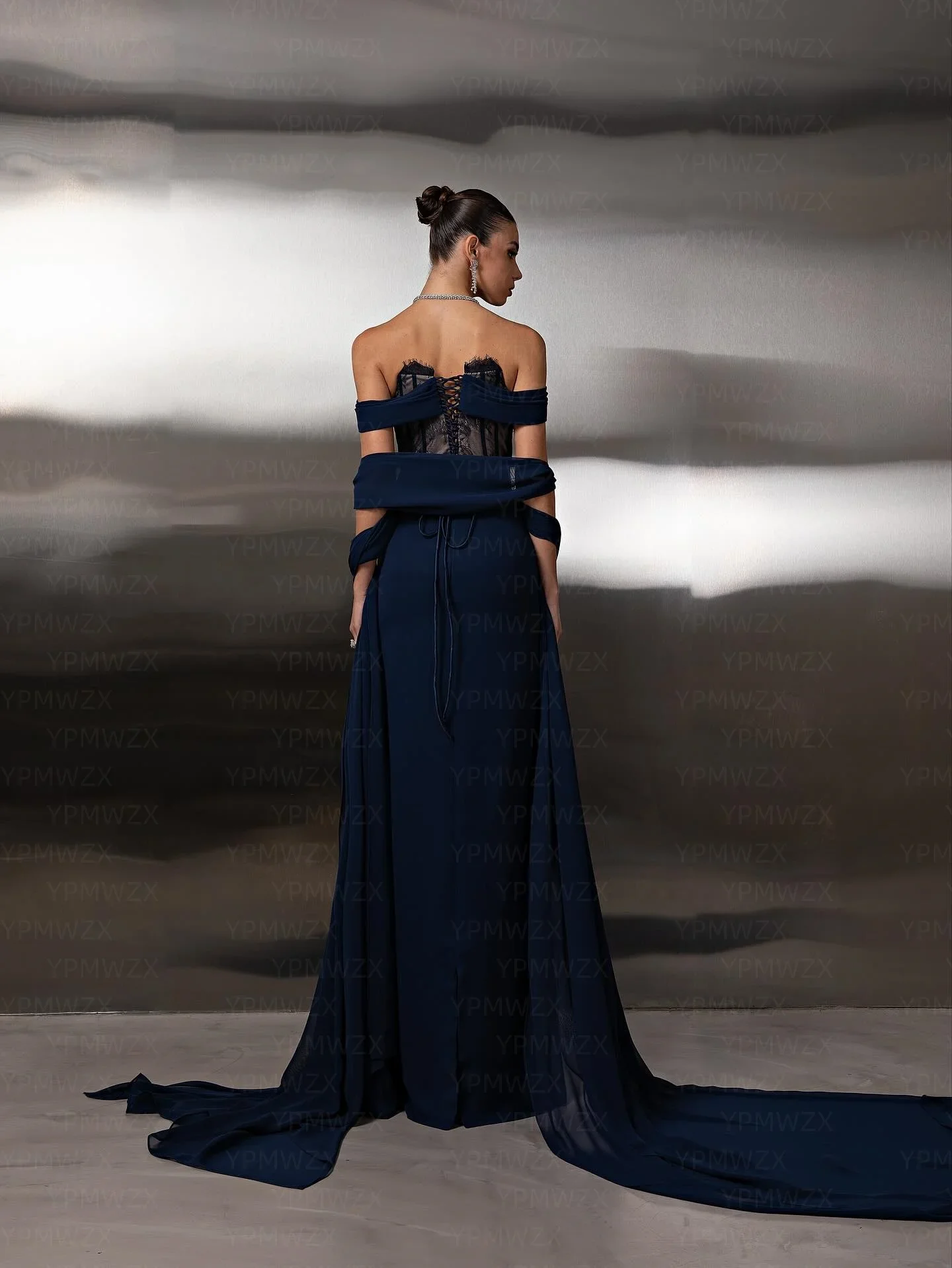 Novo moderno azul marinho vestido de festa de baile 2026 fora do ombro pregas chiffon renda a linha noite aniversário vestidos formais pageant