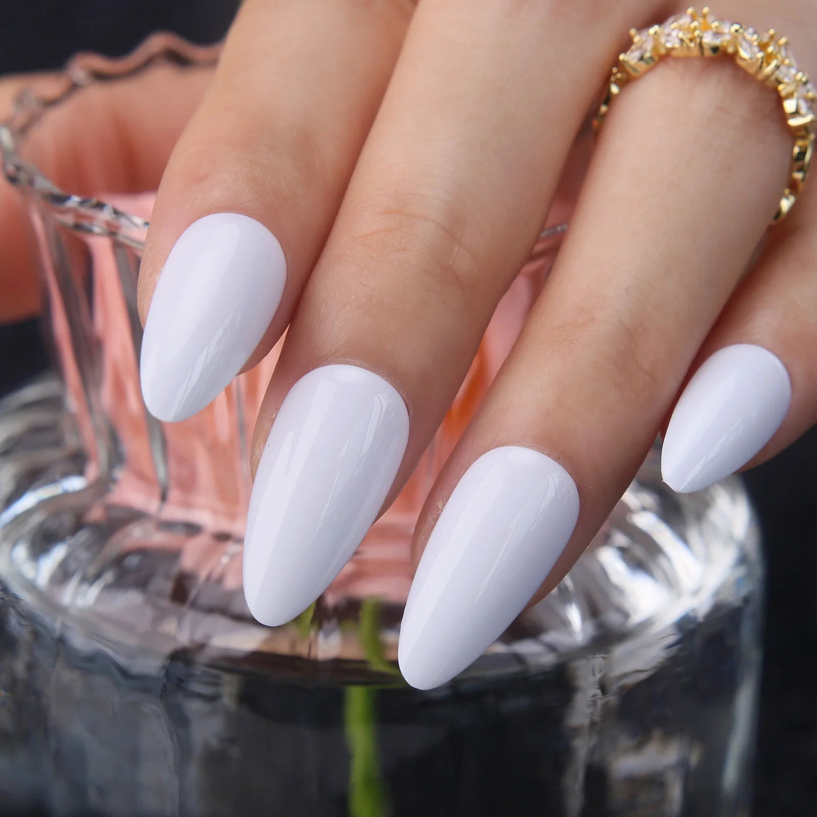 Stiletto White Press on nails Glossy Fake nails Coffin False nails Tips Full Cover Acrylic nails Almond Pure Color Sinple Design