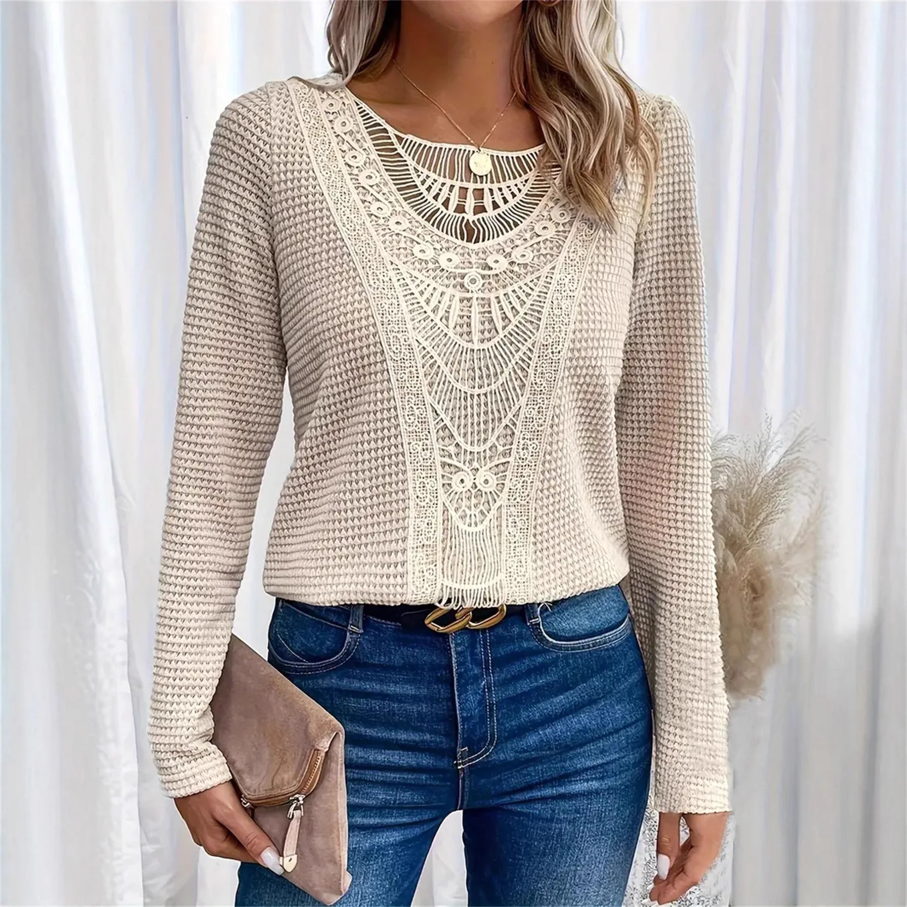 

2026 однотонная футболка с круглым вырезом и вырезом, элегантная контрастная кружевная футболка с длинными рукавами для осенне-зимней женской одежды