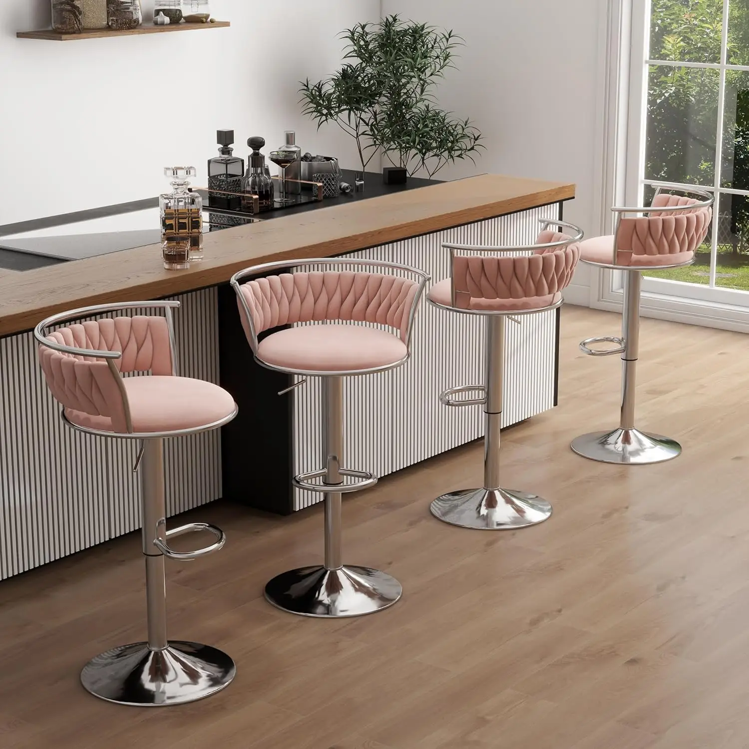 

360 ° Набор из 4 поворотных барных стульев, современные регулируемые барные стулья из велюра с серебристым металлическим каркасом, удобные, на заказ