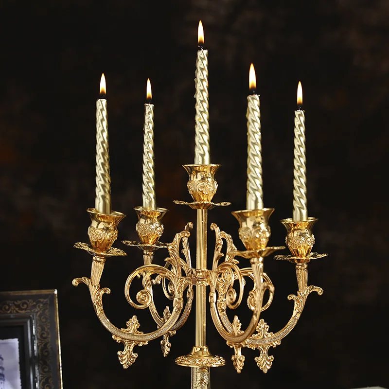 IMUWEN Candle Holder 5-Arms Retro Golden Plated Romantic Candlebra Luxury Metal Candlesticks For Wedding Events Party Decor
