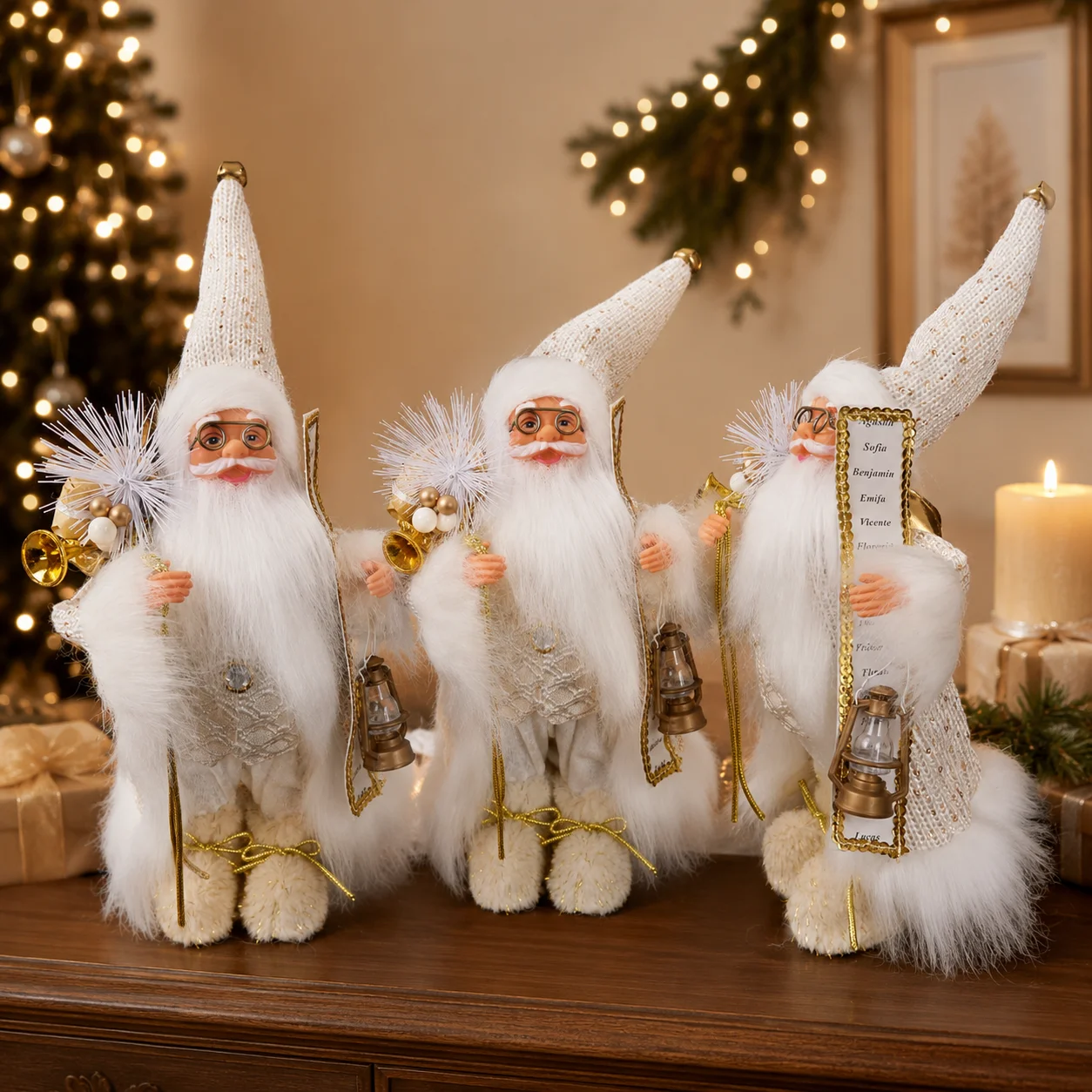 Christmas Santa Claus Decoration 30cm, Elegant White Santa Figurine with Gold Trumpet Lantern Sequined Hat Holiday Table Decor