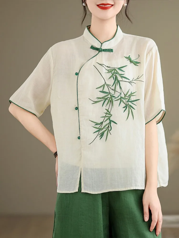 Neue Chinesische Sle Gestickte Button up Baumwolle Leinen irt Frauen Sommer Abnehmen Tussah Seide Bluse Vintage Lose Fit irt