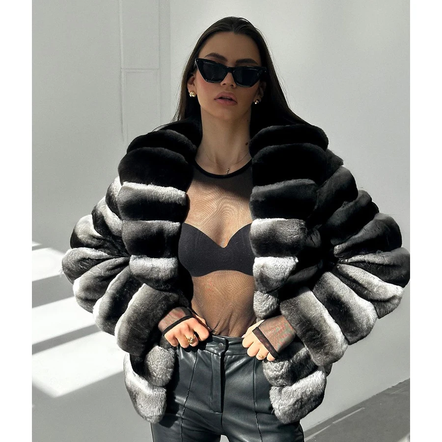 Real Fur Coat Chinchilla Fur Natural Rex Rabbit Fur Jacket Stand Collar Winter Short Jackets For Women