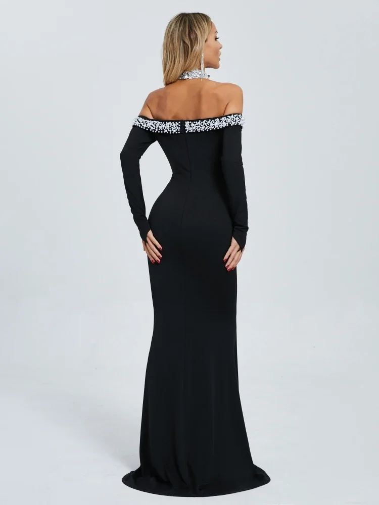 Sexy Neckholder Pailletten Perlen Maxikleid Frauen Schwarz Schulterfrei Langarm Perlen Schlanke Lange Kleider Abend Promi Party