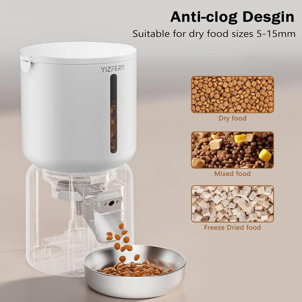 وحدة تغذية الحيوانات الأليفة الأوتوماتيكية الذكية بسعة 4 لتر، طاقة مزدوجة، رؤية ليلية بدقة 2 ميجابكسل، صوت ثنائي الاتجاه للقطط والكلاب الصغيرة، أبيض