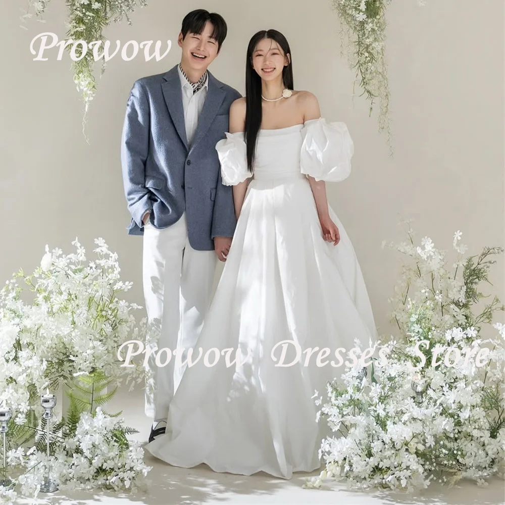 

Prowow Simple Strapless A Line Wedding Dresses Korea Photo Shoot Pleats Floor Length Bridal Gowns with Sleeves Corset Customized
