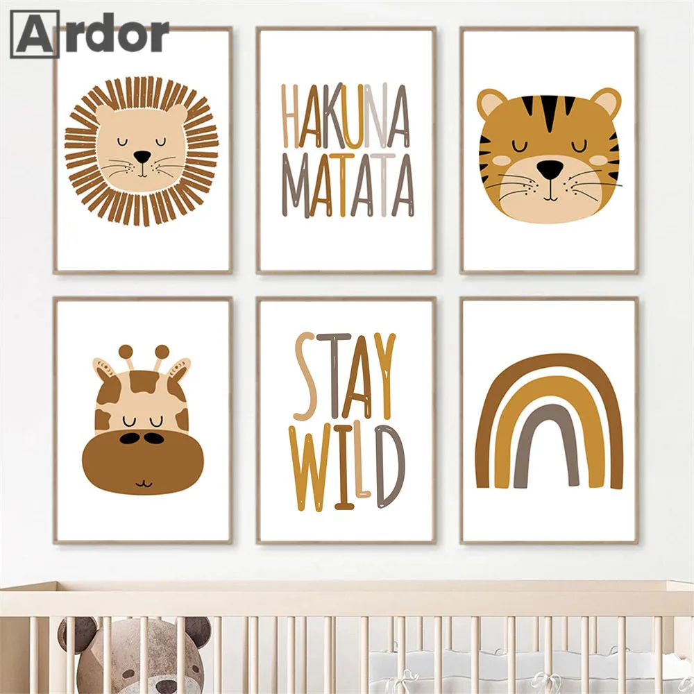 هاكونا ماتاتا ملصق فني حضانة الطفل قماش طباعة الأسد الحيوان اللوحة النمر الملصقات الشمال جدار صور غرفة الاطفال الديكور