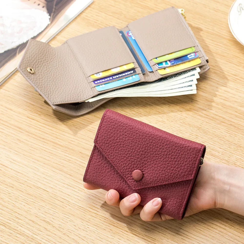 Portefeuille court en cuir véritable pour dames, fente multi-cartes, porte-cartes, porte-monnaie, mode