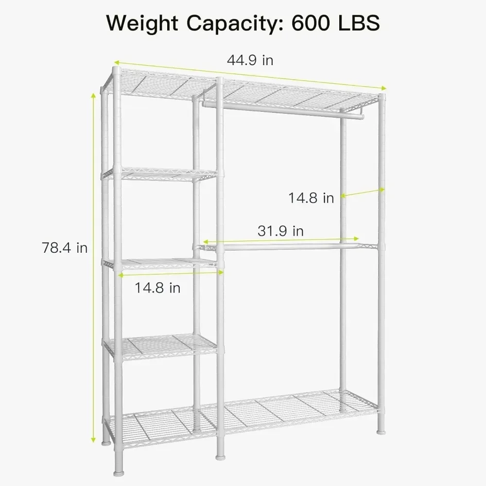 Closet Garment Rack, 5 Tiers Freestanding and Height Adjustable Heavy Duty Clothes Storage Organizer with 2 Hanger Rods