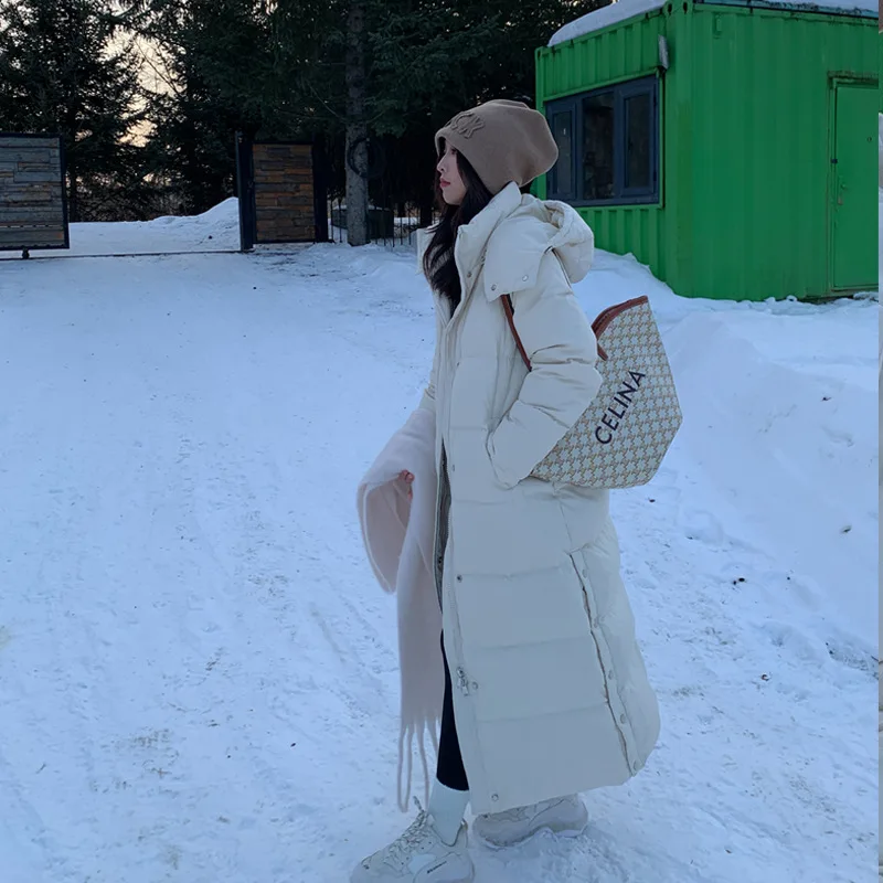 Abrigo con capucha de plumón de pato cálido y grueso y largo para mujer, ropa de nieve de talla grande, abrigo de invierno impermeable hasta el