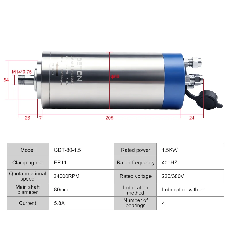 DETON high precision water-cooled spindle motor maximum speed 24000 r/min ER11 65mm OD four bearing woodworking spindle