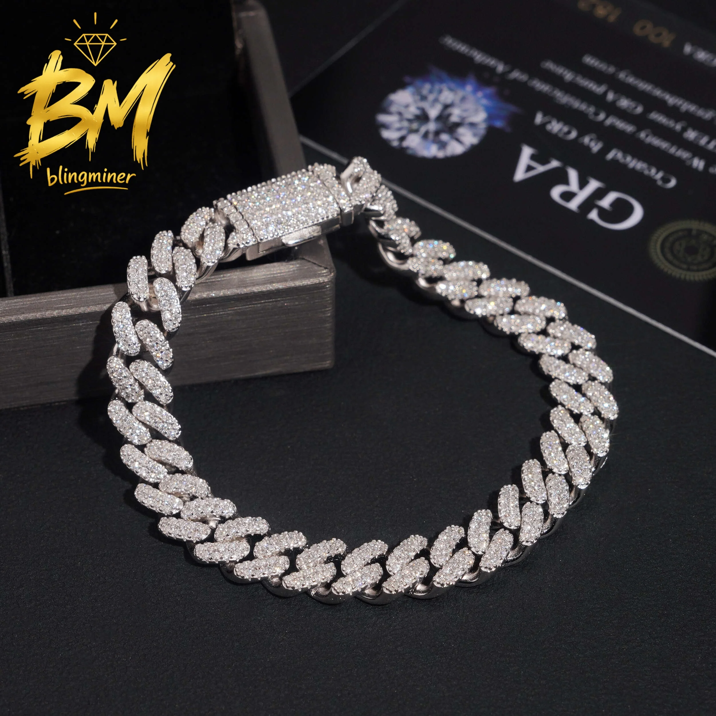 Blingminer Ice Out 8MM 2Rows VVS Moissanite Cuban Link Chain For Men S925 Silver Jewelry Pass Diamonds Tester With GRA
