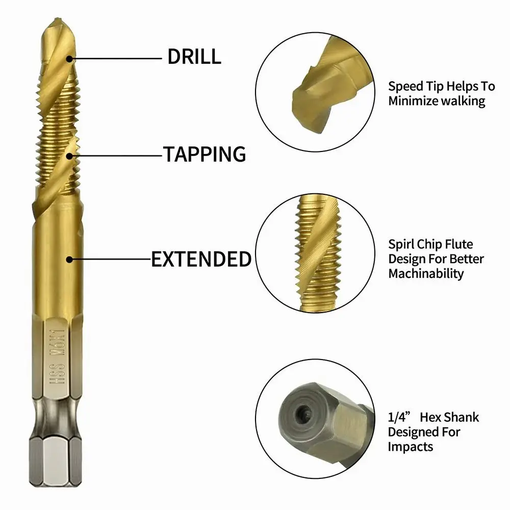 Compound Tap HSS Screw Thread Bit Screw Machine Shank Tap Drill Bits Titanium Plated Hex Shank Tap Drill Bit