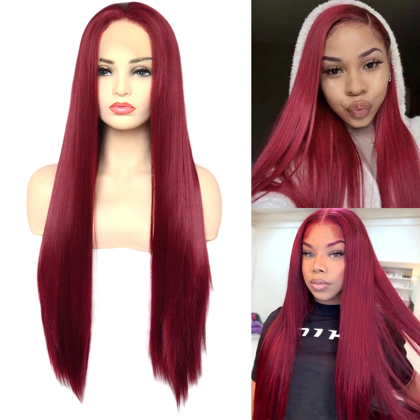 Voguebeauty Red Lace Front Wig Straight Heat Resistant Fiber Synthetic Hair Dark Red Wigs Cosplay Daily Wear for Women