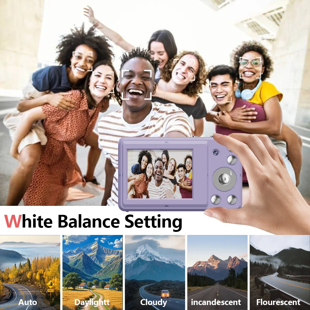 Câmera digital HD com câmera dupla frontal e traseira com cordão, três cores, câmera portátil para esportes ao ar livre