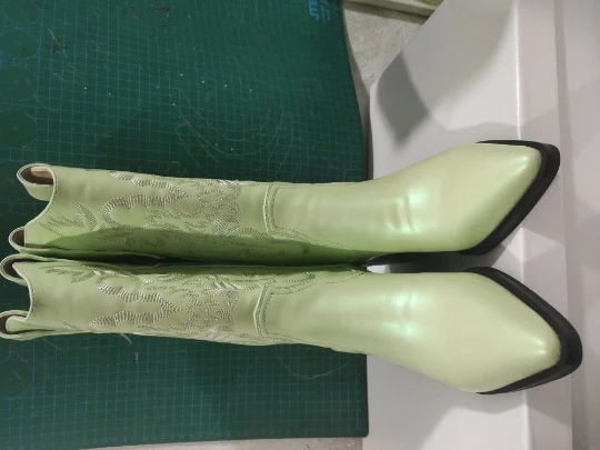 Real Photos Wings Embroidery Light Green Pearly Leather Mid Boots Woman Pointed Toe Chunky Heels Motorcycle Boots