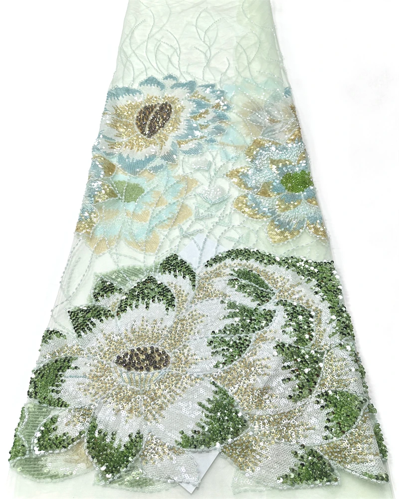 

African Nigerian Artistic Pattern Handmade Embroidery Tulle Lace with Sequins French Beads for Party Dress Design