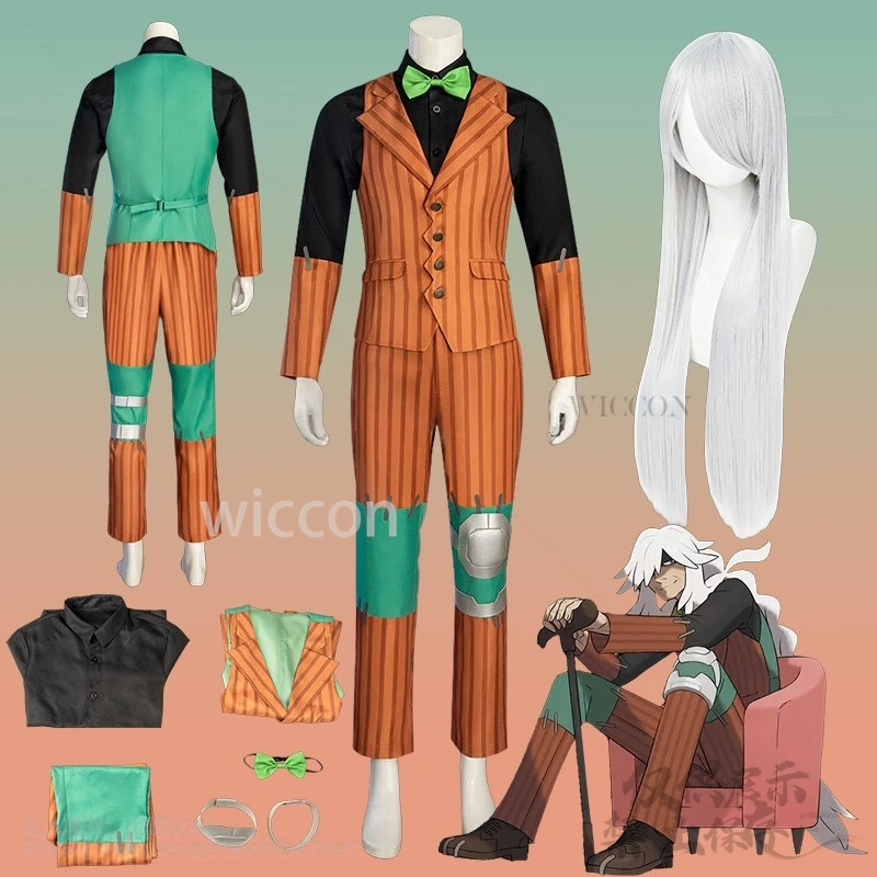 أنيمي فروي مون ليجيندز تأثيري AZ زي البرتقال شريط موضة الدعاوى سترة الأخضر ربطة القوس فيونكة طويلة الأبيض الباروكات هالوين مخصصة