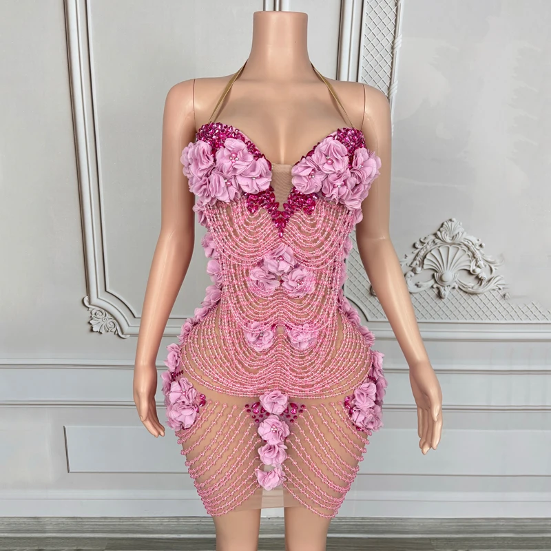 

Платье со стразами розовых цветов, женские платья для джазовых танцев, наряды для сценического фестиваля, костюм Gogo, сексуальная сетчатая одежда для танцев на пилоне 10595