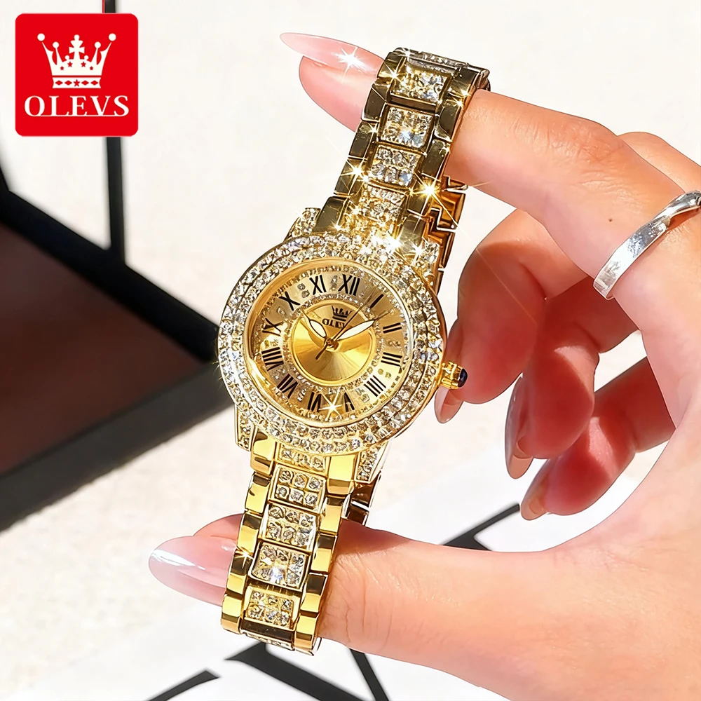 

OLEVS женские часы, роскошные золотые часы с цирконом из тонкой стали, оригинальные брендовые кварцевые наручные часы для женщин, водонепроницаемые, светящиеся, модные