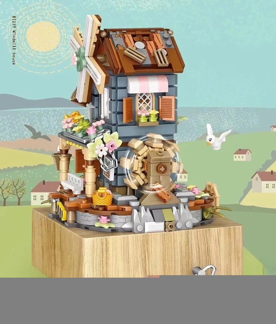 LOZ 1239 Windmill music box mini Blocks Kids Building Toys DIY Bricks Girls Gift Music Box Chinese Windmill House