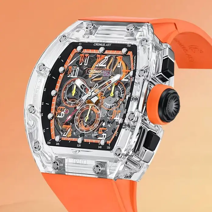 CRONUSART ساعة كرونوغراف للرجال 50 مللي متر Tonneau ساعة يد ميكانيكية علبة الياقوت مضيئة هيكل عظمي من المطاط الفلوري نوافذ ثلاثية