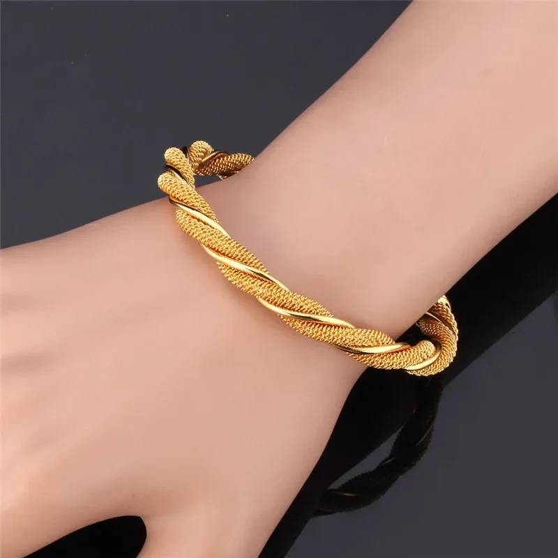 U7 Twisted Braiding Net Cable Cuff Bangle Bracelet Trendy Gold/Silver Color Jewelry 6cm Diameter Round Adjustable Size QC24