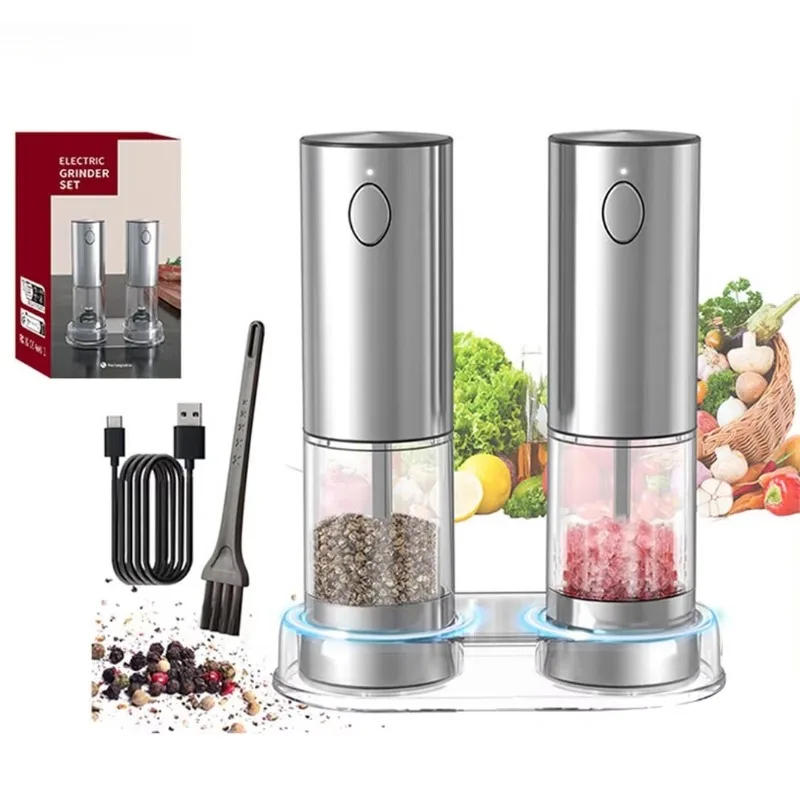 

Stainless Steel Adjustable Roughness Automatic USB Electric Spice Pepper Salt Grinder 2-piece Set with Charging Station