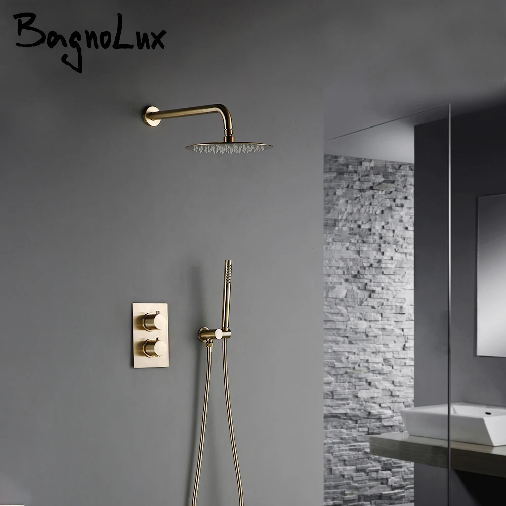 Brushed Gold  Thermostatic Mixer Diverter Set Bath Bathroom Shower Head Rianfall Luxury Combo Faucet Wall Mount Arm