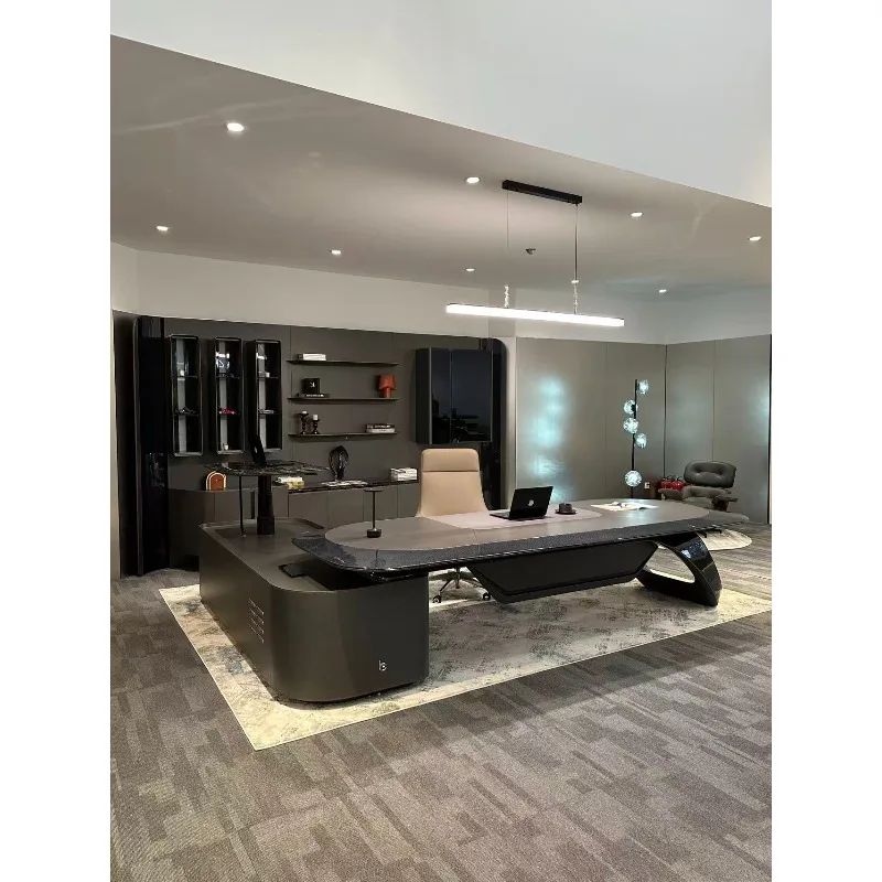 Contemporary High-End Executive Desk, Spacious CEO Office Workstation with Side Storage, Premium Boss Desk for Home & Commercial