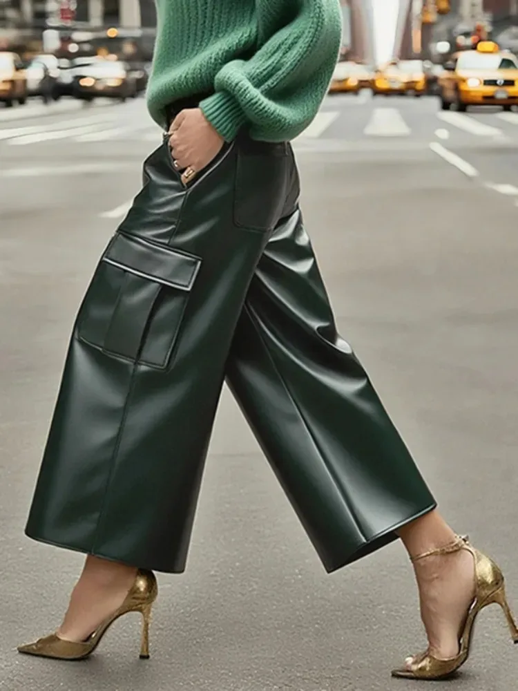 Women's Dark Green Faux Leather Cargo Culottes High Waist Wide Leg Pants with Side Pockets Streetwear Casual Trousers Bottoms