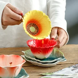 Creative 3D Hand-painted Fusang Flower Sunflower Clivia Enamel Color Ceramic Coffee Tea Set Afternoon Tea Cup  Plate