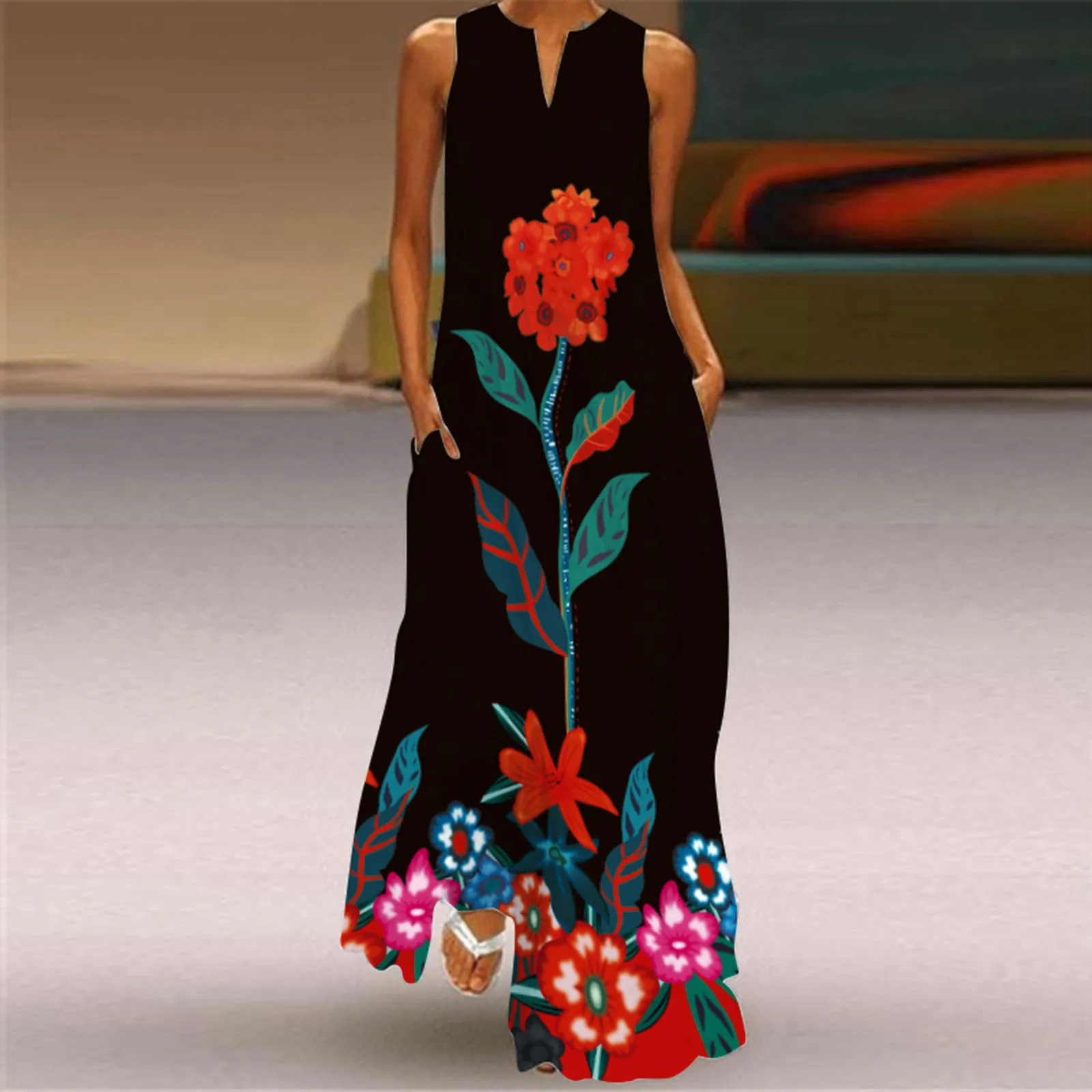 

2024 New Summer Hot Selling Wish Fashion Commuter Flower Balloon Pattern V-neck Sleeveless Long Dress
