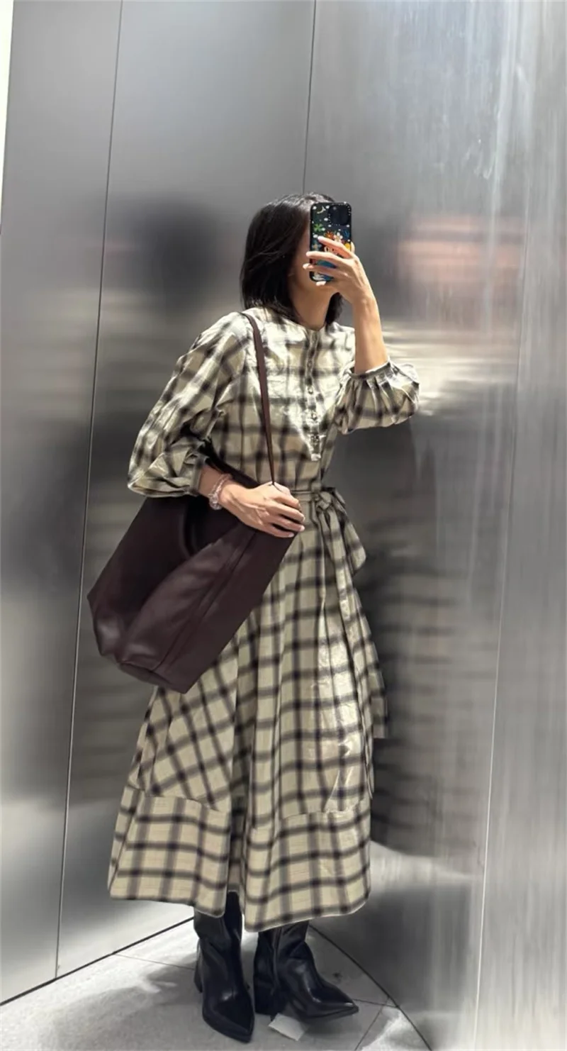 Women's Dress New Shirt Style Round Neck Waist Tied Plaid Puff Sleeve Midi Dress Elegant Casual Women's Wear