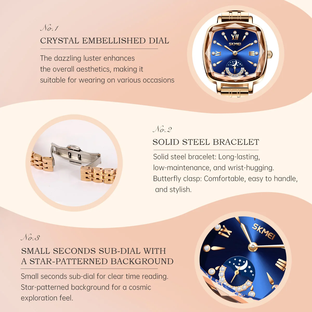 SKMEI Women Fashion Elegance Watches Ladies Luxury Wristwatch Waterproof Quartz Watch Romantic Style Stainless Steel Strip Watch