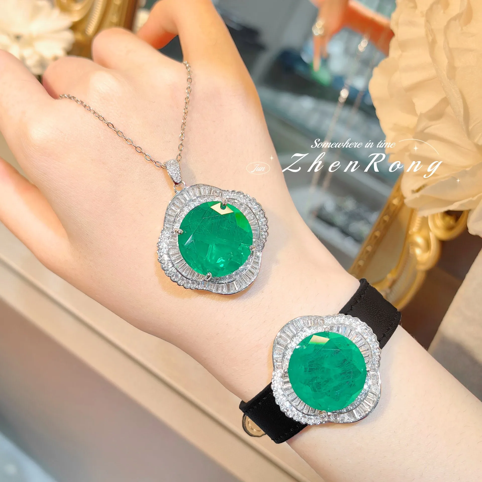 S925 sterling silver stud earrings, ring necklace set, new color treasure set, high-class temperament