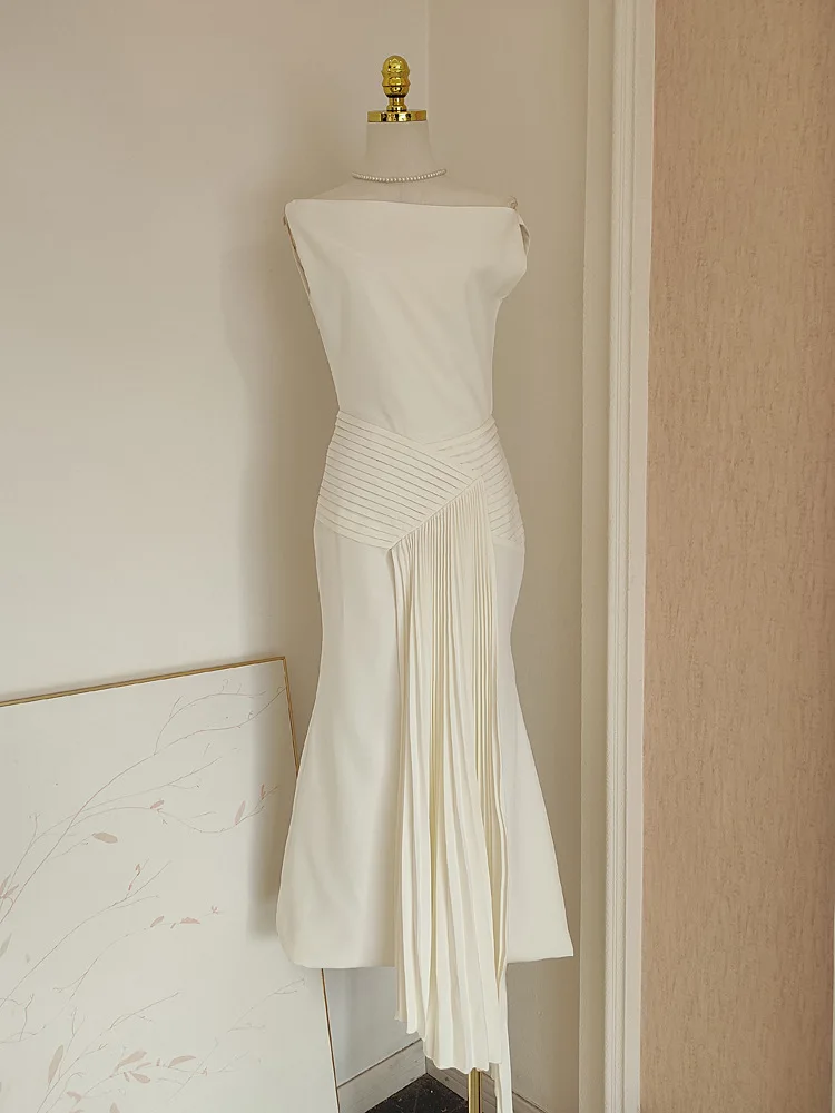 Summer Fashion Diagonal Collar Folds Prom Evening Dress Women Sexy Sleeveless Design Cocktail Birthday Festival Elegant Dresses