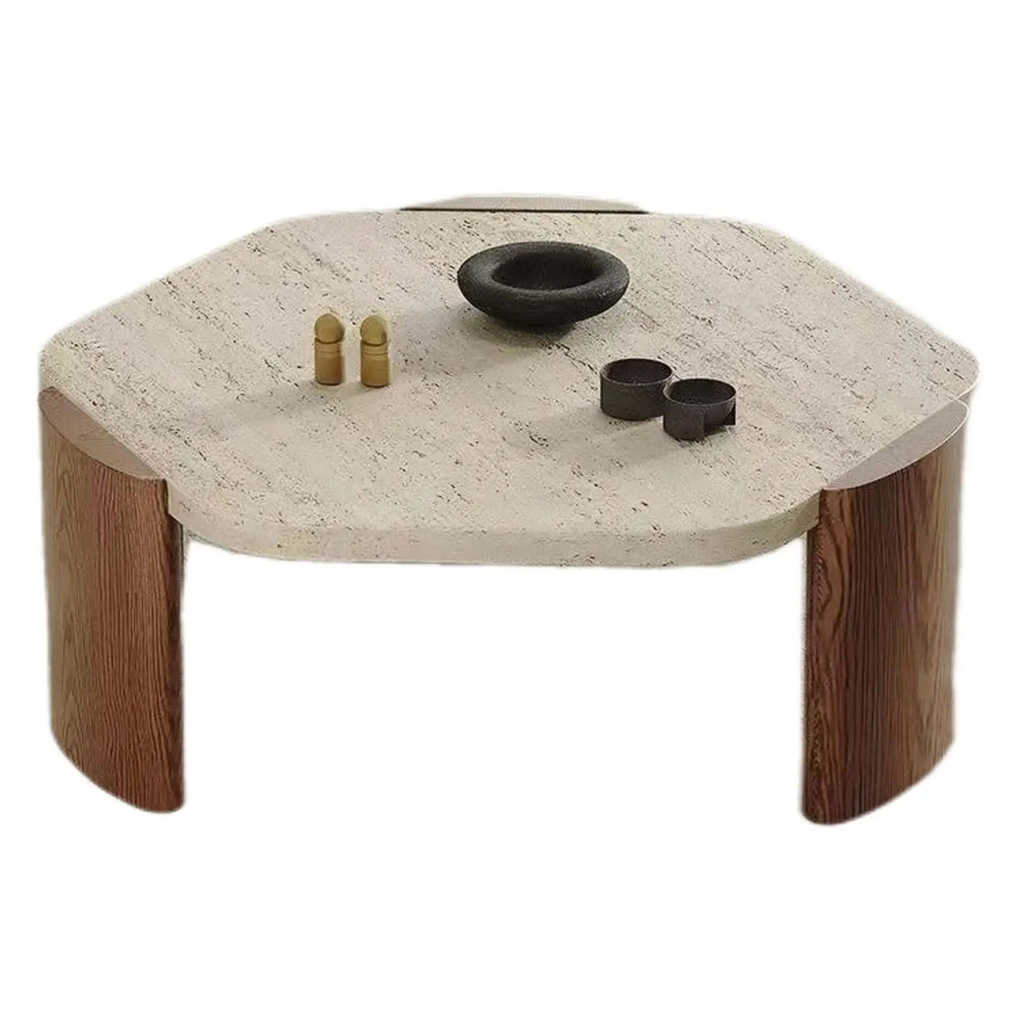 Nordic special-shaped hexagonal black solid wood coffee table light luxury living room small apartment homestay natural traverti