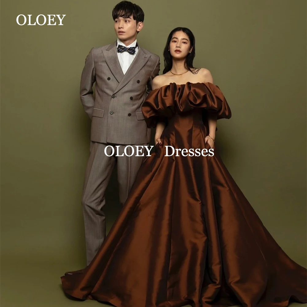 

OLOEY 2025 Coffe Brown Pleats Eveing Dresses Off Shoulder A-line Korea Photoshoot Wedding Dresses Customized Formal Prom Gowns