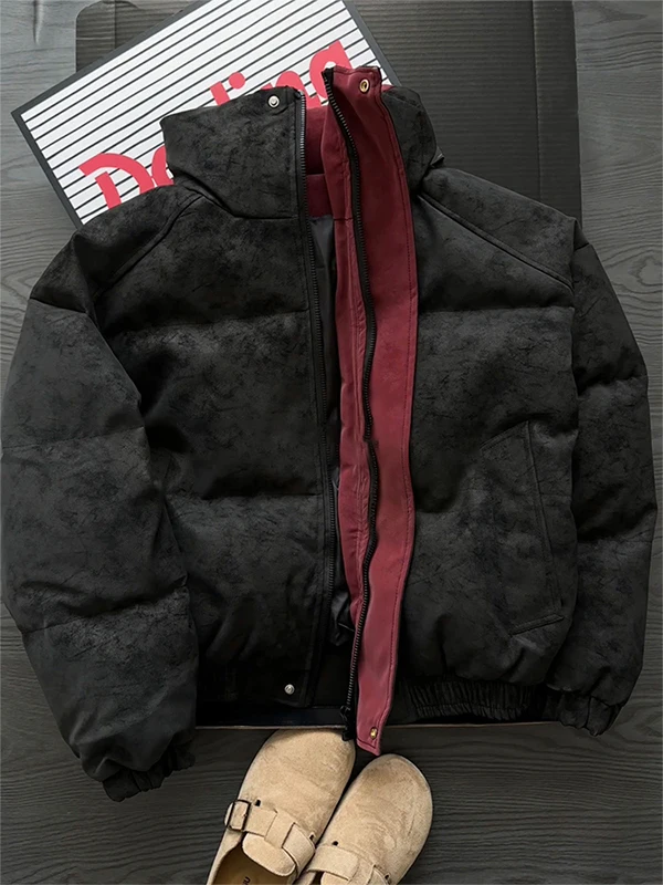 

Black Dyed PU Leather Thickened Winter Jacket Men's Cotton Coat Stand Collar Cleanfit High End Feel Teenager Fashion Urban Style