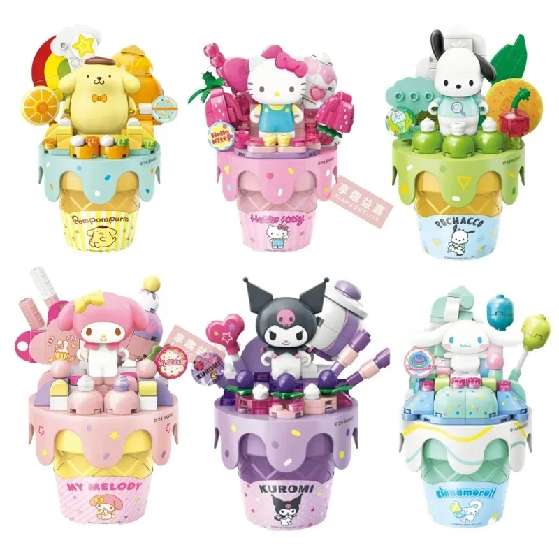 Sanrio Series Ice Cream Cone Building Blocks Hello Kitty Kuromi Pochacco Cinnamoroll Bricks Model Desktop Display Kids Toys Gift