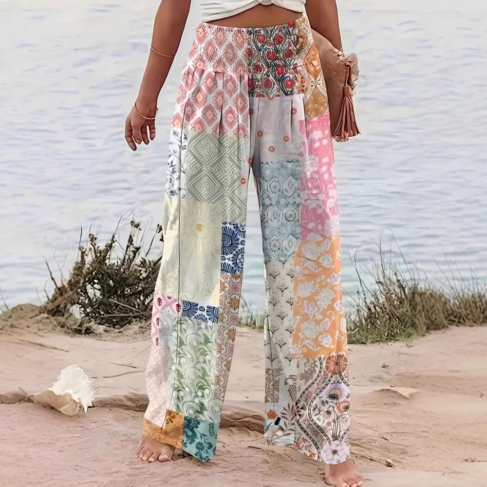 

Fashion Womens Wide Leg Pants Floral Print Casual Trousers Straight Loose Lounge Pants High Waist Elastic Comfortable
