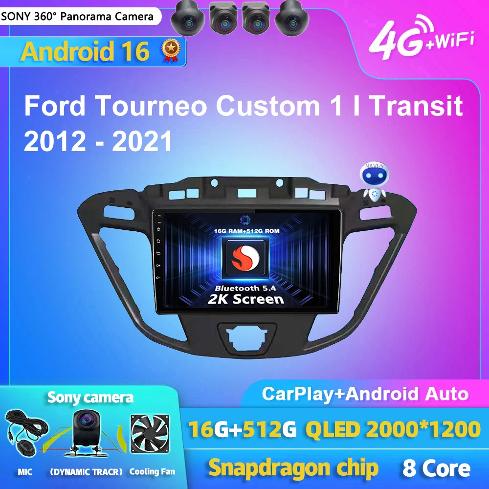 Android 16 Carplay Auto 2K Screen Car Radio Multimedia Player For Ford Tourneo Custom 1 I Transit 2012 - 2021 Autoradio Stereo