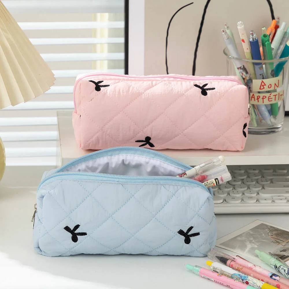 Stylish Pen Bag Cute Bow Embroidered Pencil Case Large Capacity Stationery Storage Bag Cartoon Simplicity Student Pen Pouch