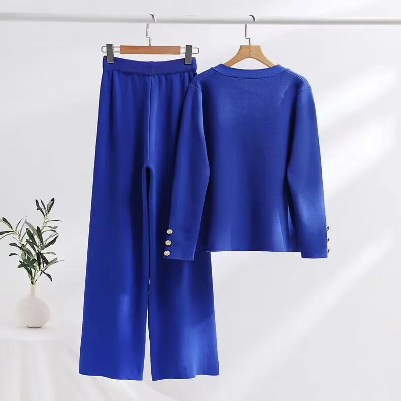 Elegant Two-piece Matching Sets For Women Spring Versatile Cardigan Big Buttons Casual Long Pants Streetwear Sweater Clothes