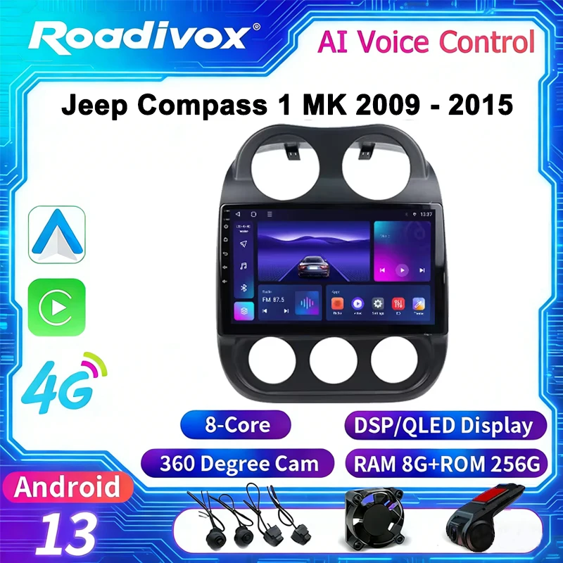Android Car Radio for Jeep Compass 1 MK 2009 - 2015 GPS Navigation Video Stereo Screen Multimedia Player 8-Core Carplay